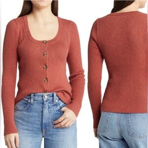 Madewell Scoop Neck Ribbed Knit Cardigan Rust Orange Size L